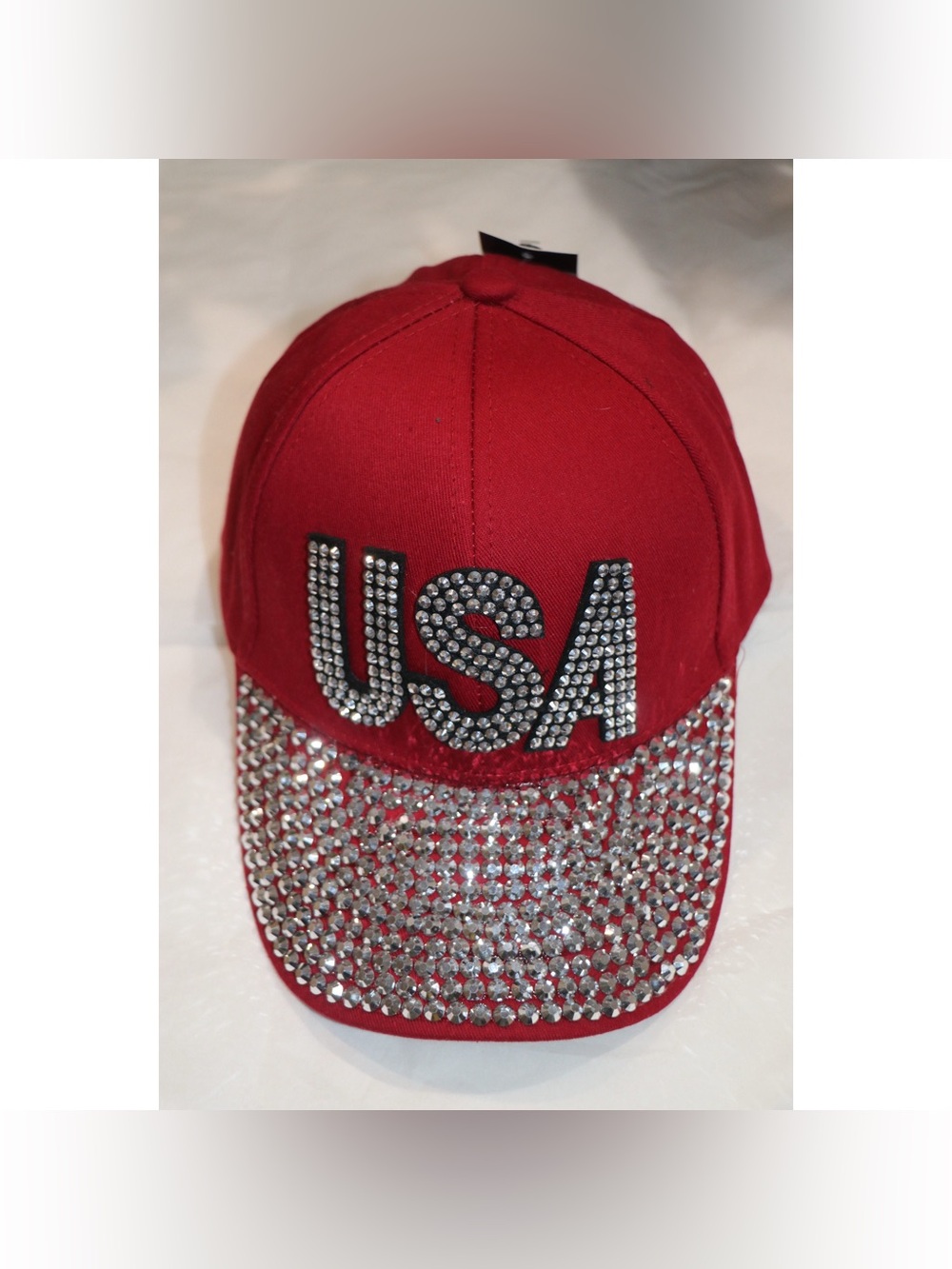 Red USA rhinestone trucker hat